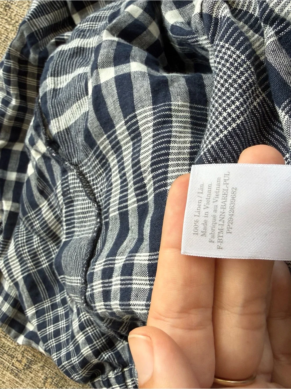 Everlane The Linen Pull On Barrel Pant 100% Linen Navy Plaid High Waist Size XL